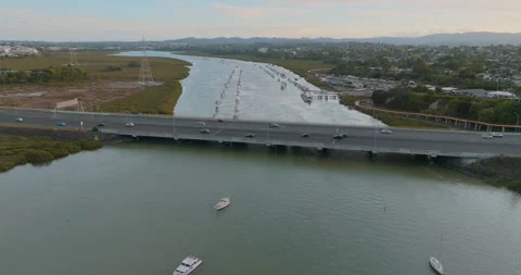 Aerial view of a bridge over a river with many boats. Whau River, Te Atatu, Video stock 304296906