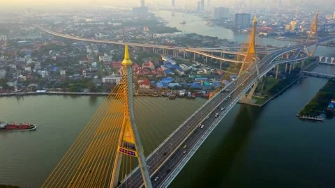 Aerial view of a bridge over a river in bangkok, thailand Stock Footage 312434574