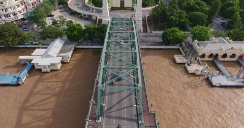 Aerial View of Bridge Over River in Bangkok City with Vehicles Crossing, Sh.. Stock Footage 315933245