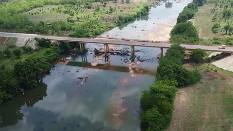 Aerial view of a bridge over a river surrounded by lush vegetation and fields Stock Footage 318320154