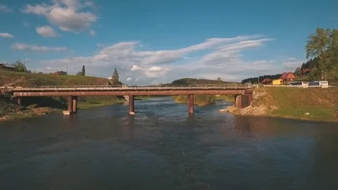 Aerial view the bridge over the river,shooting from the air Stock Footage 77168673