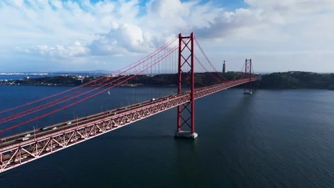 Aerial view to Bridge Ponte 25 de Abril over the Tagus river in Lisbon, Portugal Stock Footage 255116019