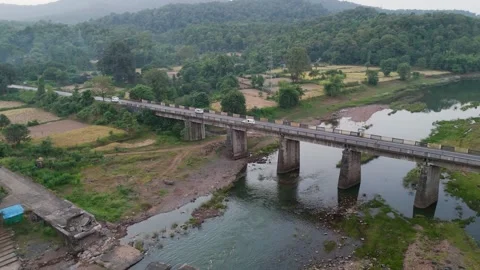 Aerial view of bridge on river. Drone Footage of road transportation Stock Footage 254261575