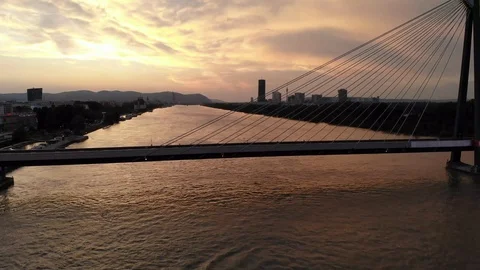 Aerial view of bridge with river at sunset in time Stock Footage 116713544