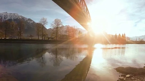 Aerial view of bridge road construction in beautiful landscape scenery at sunset Stock Footage 72862081