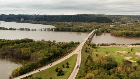 Aerial view of bridge road over the Upper Mississippi River Video stock 119689136