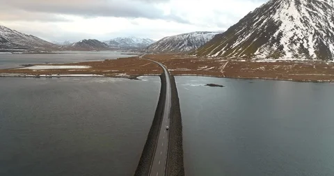 Aerial View of Bridge Road Through Iceland Landscape Stock Footage 87820505