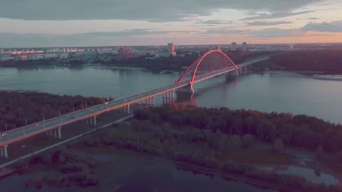 Aerial view of bridge on russian river at sunset Stock Footage 79632754