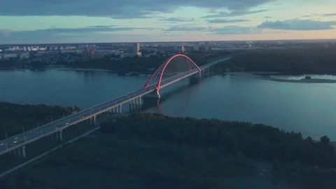 Aerial view of bridge on russian river at sunset Stock Footage 79632778