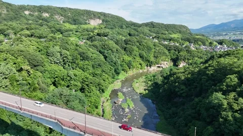Aerial view of a bridge spanning a lush, green valley Vídeos de archivo 340905876