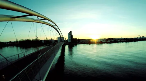 Aerial view of bridge at sunset. fly over. green blue hour Stock Footage 36175716