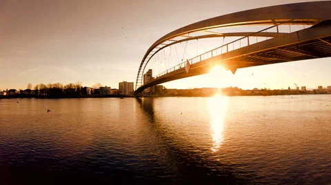 Aerial view of bridge at sunset. modern futuristic architecture. fly over 動画素材 36161282