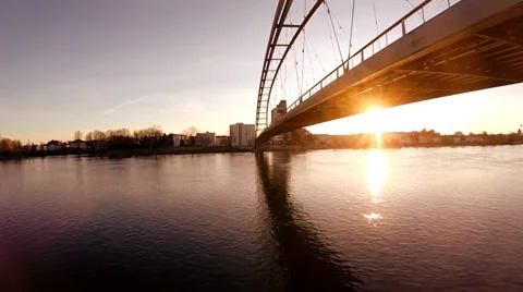 Aerial view of bridge at sunset. modern futuristic architecture. fly over Stock Footage 36173375