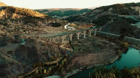 Aerial view of a bridge surrounded by nature. Surrounded by trees, lake. Stock Footage 257991604
