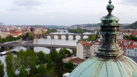 Aerial view bridge through Vltava river in Prague Stock Footage 120450889