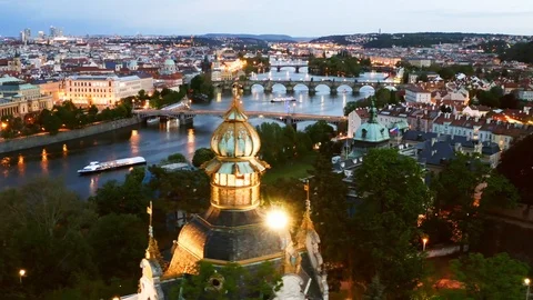Aerial view bridge through Vltava river in Prague Video stock 120562318
