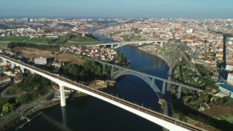 Aerial view of bridges over the Douro River in Porto, Portugal. Stock Footage 344993532