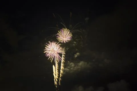 Aerial view of bright fireworks exploding with colorful lights against dark 库存照片