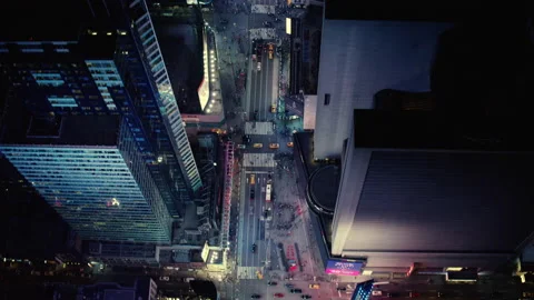 Aerial view of bright lights and busy night life in Times Square, New York City. Stock Footage 199457128