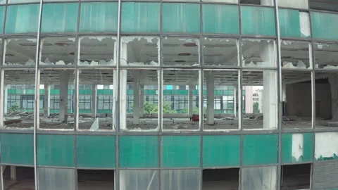 Aerial view of broken windows in old building. Old damage property Stock Footage 159124533