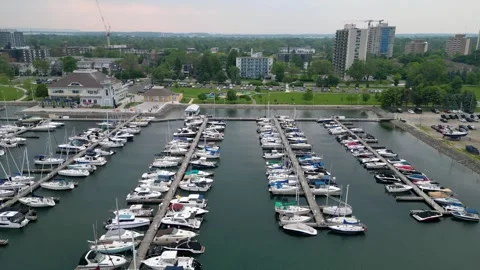 Aerial view of Bronte Harbour marina with docked boats in Oakville Video stock 330760209