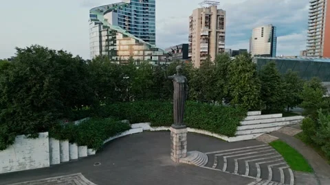 Aerial view of Bronze statue The First Swallows at sunset in Vilnius, Lithuania  Stock-Footage 251748993