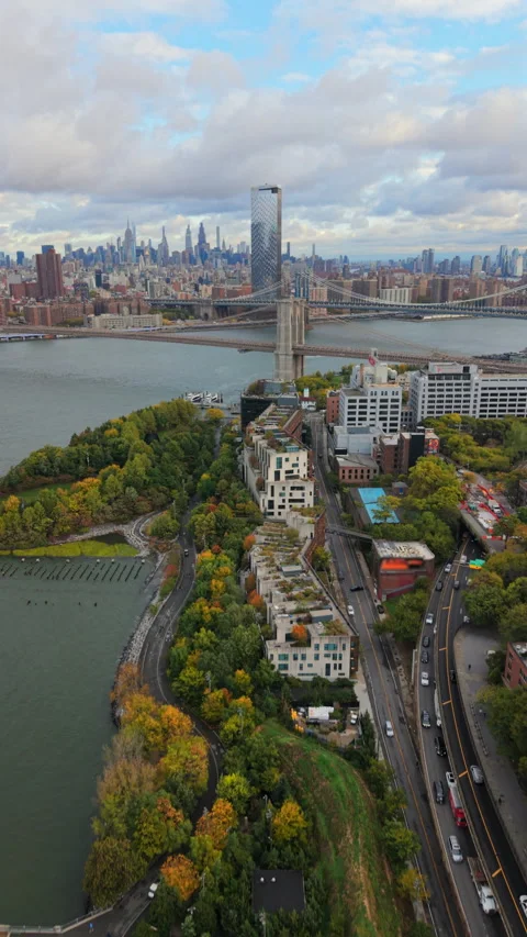 Aerial View of Brooklyn Bridge and Manhattan Skyline New York City Stock-Footage 329748024