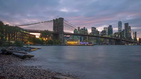 Aerial view of Brooklyn Bridge and Manhattan skyline, United States. Stock Footage 337976990