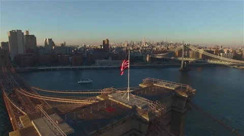 Aerial view of Brooklyn Bridge. Camera moving left. Stock Footage 58568680