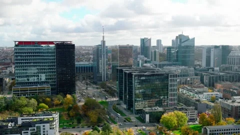 Aerial View of Brussels City with Office Buildings and Urban Greenery Stock Footage 338426341