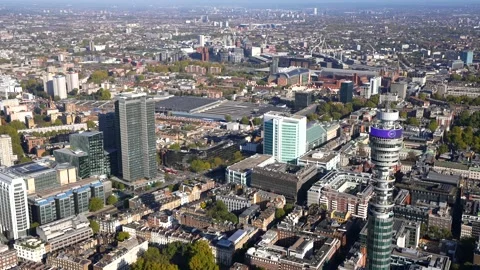 Aerial view of the BT Tower with Euston station and Regents Place in the Stock Footage 224461496