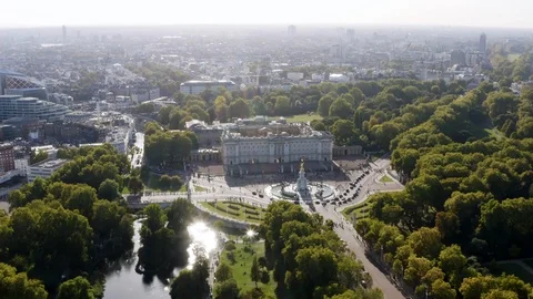 Aerial View of Buckingham Palace and St James's Park in London Stock Footage