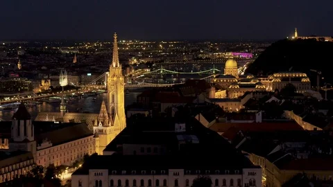Aerial view of Buda Castle and downtown Budapest at night - drone 4K Stock-Footage 99246345