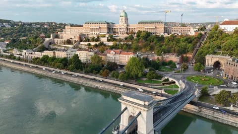 Aerial View of Buda Castle and the Danube River in Budapest Hungary Stock Footage 345347062