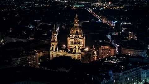 Aerial View of Budapest, St. Stephen's Basilica at night, Hungary Stock Footage 96909093