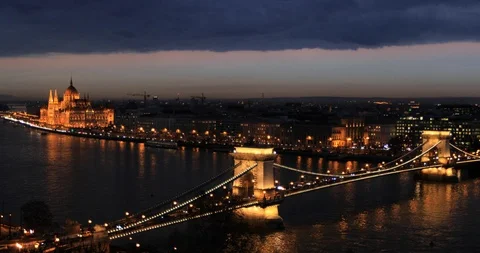 Aerial view of Budapest at sunset time with Chain Bridge on Danube Stock Footage 102260676