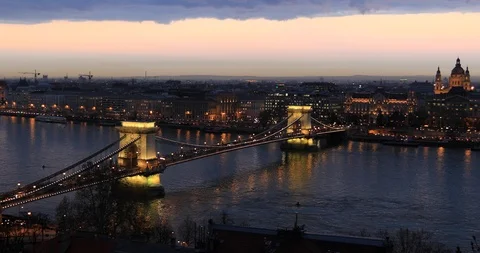 Aerial view of Budapest at sunset time with Chain Bridge on Danube Stock Footage 102261850