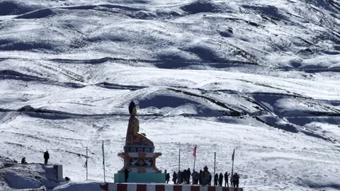 Aerial view of Buddha statue at Langza village in Spiti Valley India Video stock 334713737