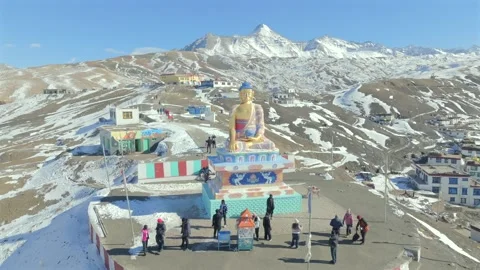 Aerial view of Buddha statue at Langza village in Spiti Valley India Stock Footage 334713897