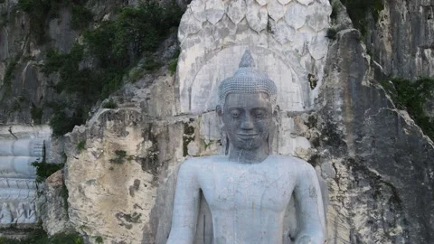 Aerial view of Buddha statue in Phnom Sampov, Battambang, Cambodia. Stock Footage 168014354