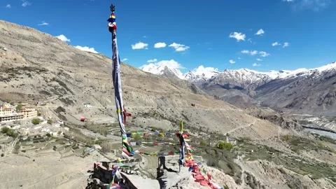 Aerial View of Buddhist Prayer Flags on Cliff in Spiti Valley, India Stock Footage 329325649