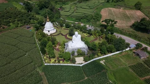 Aerial view of a Buddhist statue and a white stupa in a rural setting 스톡 동영상 335618056