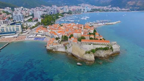 Aerial View Of Budva Old Town and Beach, Montenegro 3 Stock Footage 88030924