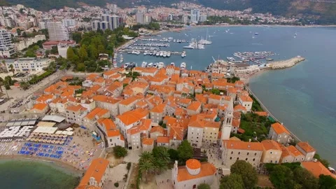 Aerial View Of Budva Old Town and Beach, Montenegro 2 Stock Footage 88030954