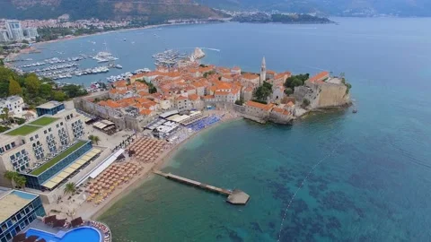 Aerial View Of Budva Old Town and Beach, Montenegro 1 Stock Footage 88030960