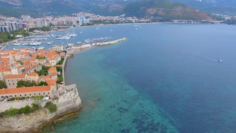Aerial View Of Budva Old Town and Beach, Montenegro 5 Stock Footage 88031022