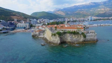 Aerial View Of Budva Old Town Rock and Tower, Montenegro 1 Stock Footage 88031158