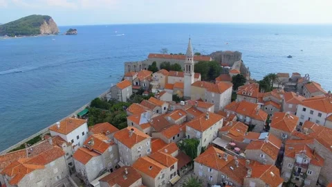 Aerial View Of Budva Old Town Tower, Montenegro 1 Stock Footage 88031216