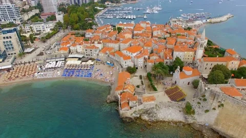Aerial View Of Budva Old Town and Beach, Montenegro 11 Video stock 88031237