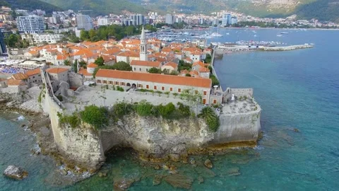 Aerial View Of Budva Old Town and Beach, Montenegro 13 Stock Footage 88031328
